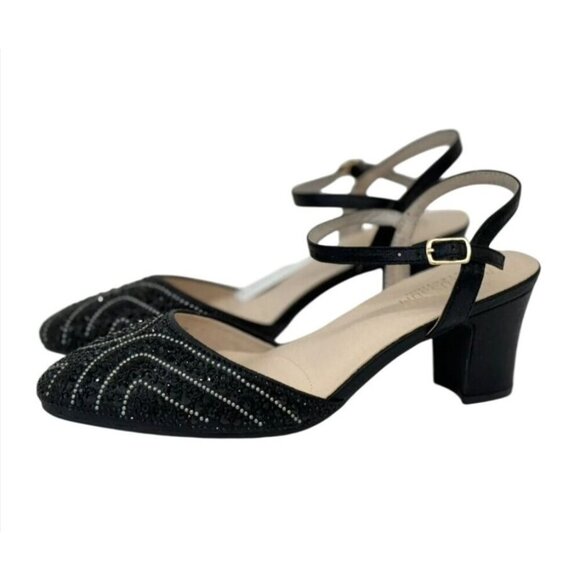 DE BLOSSOM / Gloria-10 / Womens Black Rhinestone Heeled Ankle Strap Sandals / Me - Picture 2 of 9